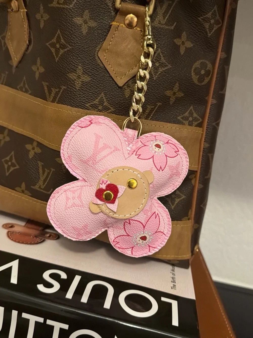 Upcycled LV Pink Flower Charm Keychain/Handbag Charm